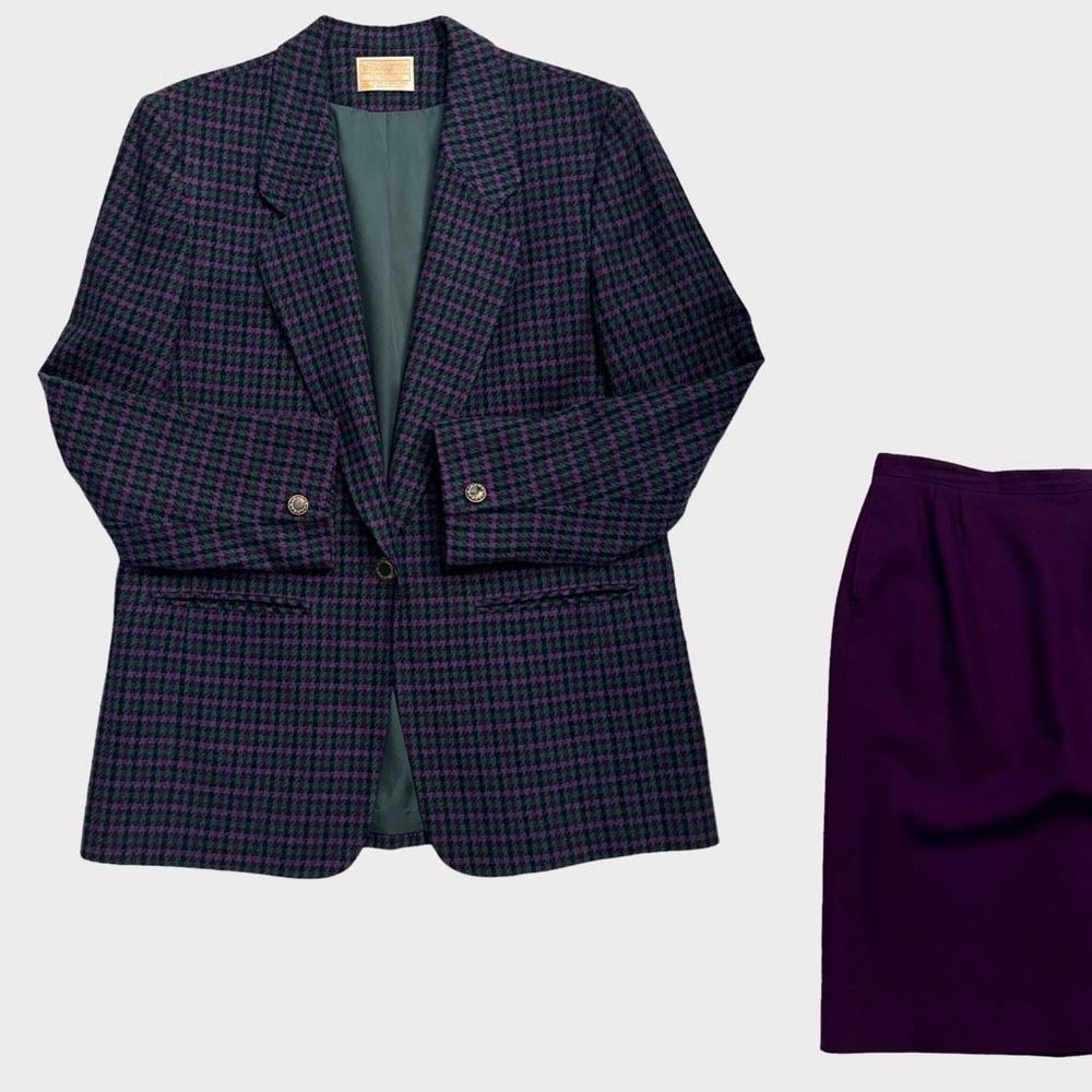 Vintage 80s Pendleton Skirt Suit 12 Houndstooth Blazer 2 Piece Set Purple Green